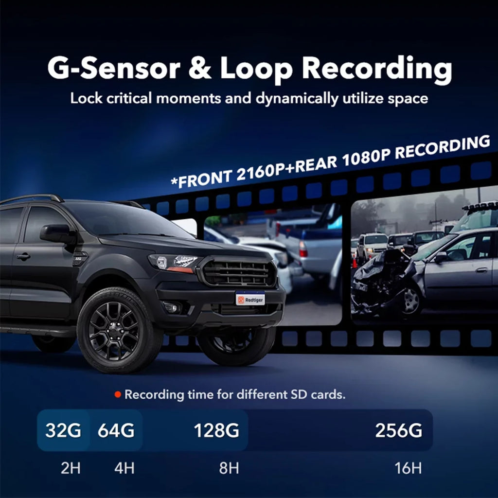 Wi-Fi LCD & Black Parking Cam, GPS, Dash Car 2160P Monitor, Camera, Screen, 24H REDTIGER 4K with Camera UHD Dash 4K 3.18"