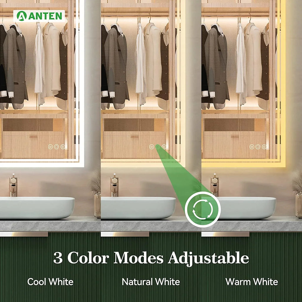 Wall-Mounted ANTEN Mirror, Lights, Bathroom Inch LED Mirror Vanity Lighted Touch Bathroom Mirror LED Anti-Fog, Dimmable Bathroom Mirror, Backlit with 36x28 3000K-6000K, Sensor,